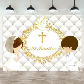 ASDCXZ 7x5ft Mi Bautizo Backdrop Baptism God Bless First Holy Communion Photography Background Gold Cross Peace Dove Newborn Baby Shower Banner Decorations Boy Girl Portrait Photo Booth Prop