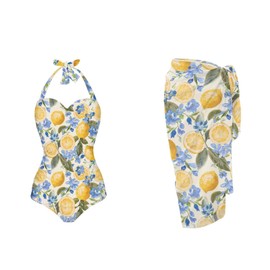 Zarisguat Retro Lemon Women One Piece Swimsuit with Long Cover up Wrap Skirt Floral Printed Two Piece Bathing Suit Retro Swimwear Summer Beach Outfit XL