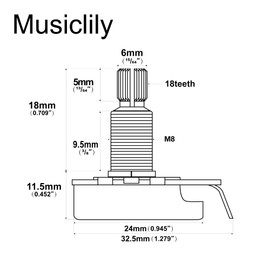Musiclily Pro HD A1M Full Brass Metric Coarse 18-Spline Split Shaft Pot Audio Taper Potentiometer for Electric Guitar Bass