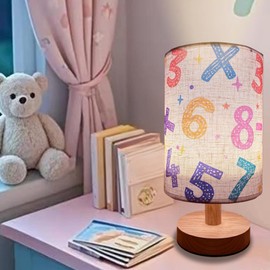 HYLING Kids Table Lamp, Small Bedside Lamp, 3 Color Changing LED Night Light with 9 Brightness Levels Wood Nightstand Desk Base Flaxen Fabric Shade for Bedroom Living Room (Colored Numbers)
