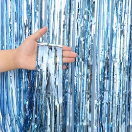 June tech 2pcs 3.28ft x 6.56ft Metallic Tinsel Curtains Curtain Door Curtains Hanging Streamers Glitter Aluminum Foil Birthday Party Backdrop Streamers Decorations (Lake Blue)