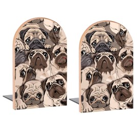 Vintage Humor Pug Dogs Book Ends Decorative Wood Bookends for Shelves Kids Room Desk Home Office Book Stoppers for Magazines,Books, DVDs, 1 Pair/2 Pieces(5x3.1 in)