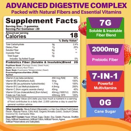 Fiber Gummies for Adults with Psyllium Husk, 7G(Soluble + Insoluble) Daily Prebiotic Fiber with Inulin, FOS, Guar Gum, Multivitamins for Daily Digestive Health, Regularity Support,Sugar Free,Pack of 2