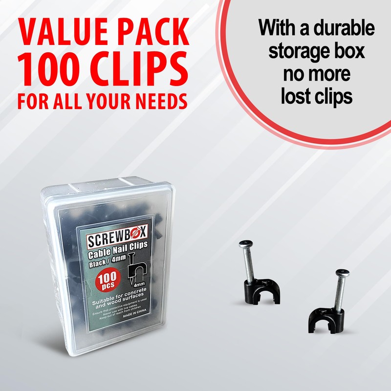 Screwbox Cable Nail Clips, 4 mm 100 Pcs Nail-In Clips,