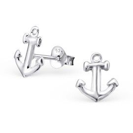 Bungsa Anchor Stud Earrings 925 Sterling Silver Earrings for Women, Women, Children & Men, Silver, Crystal