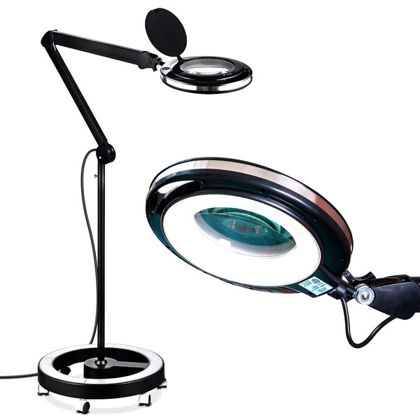 Brightech Lightview Pro Magnifying Glass with Stand & Light, Magnifying Floor Lamp with 6-Wheel Rolling Base for Facials & Lashes – Dimmable LED Work Light for Crafts, Sewing, and Projects - 3 Diopter
