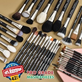 BUEART DESIGN - Juego de 42 brochas de maquillaje con pelo de cabra natural real (42 piezas, negro perla mate)