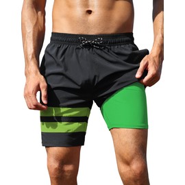 Nonwe Men's Bathing Suit with Compression Liner Summer Water Sports Beach Shorts 7 Inch Inseam Black 30