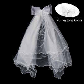 Merroyal First Communion Veil and Tiara Set, 24 inch White Veil with Rhinestone Cross Crown, Religious Ceremony Accessories, White/Silver, 24 Inches