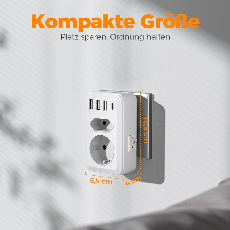 TESSAN Double Plug for Socket, Multiple Socket with 4 USB,