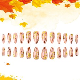 LOPMNGHT 24Pcs Press on Nails Short Almond Shaped Maple Leaves False Nails with Leaves Design Full Cover Glossy Acrylic Nails Reusable Glue on Nails for Women Thanksgiving Nail Decoration