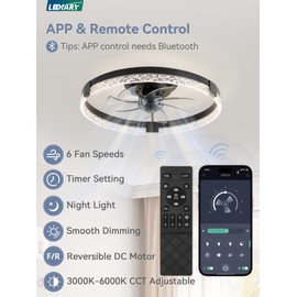 LEDIARY Flush Mount Ceiling Fans with Lights and Remote, 19.7'' Low Profile Ceiling Fans, 3000-6000K Dimmable Fandelier Ceiling Fans with Light, 6 Wind Speeds, Black Modern LED Fan Light for Bedroom