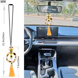 BIHRTC - Espejos de coche para decoración de espejo retrovisor con abalorio circulares de silicona, diseño de abeja amarilla, colgante de espejo de coche, accesorios para colgar para mujeres y hombres