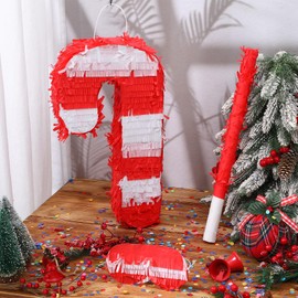 Qeeenar Christmas Piñata 16 Inch Christmas Piñata with Stick Blindfold and Confetti Pack Christmas Mexican Piñata Bundle Piñata for Kids Birthday Xmas Holiday Piñata Game(Candy Cane)