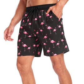 SONGDAI Summer Mens Swimming Trunks Fashionable Vacation Beach Board Shorts Four Corner Swim Short Inner Lining Pocket Swimwear Short-Flamingo-3XL