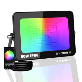 PICAA 50W Smart RGB LED Floodlight, 5000LM Outdoor +16 Million Colors, Wireless APP Control, Music Sync, Timer, Scene Modes, IP66 Waterproof, Disco Party Garden Lighting with UK Plug(1 Pack)