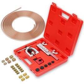 FIVE BANANAS Double & Single Brake Line Flaring Tool Kit with 25 ft Copper Coated 3/16 Brake Line Kit and Brake Line Fittings (Includes 16 Inverted Tube Nut and 4 Threads Unions)