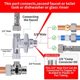 Yeleah Tee Stop Valve Feed Water Adapter 3/8" Inch Compression Tee Fitting Under Sink Splitter Connector Adapter For Dishwasher Glass Rinser Water Heater Portable Washer