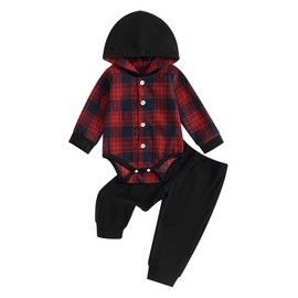 Toddler Baby Boy 2 Piece Outfit Plaid Button Long Sleeve Hoodie Romper Bodysuit Elastic Pants Set Fall Winter Sweatsuit (Red, 12-18 Months)