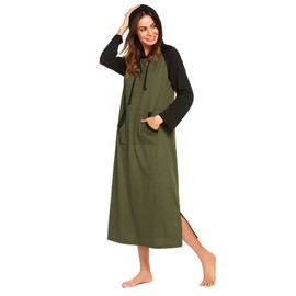 Ekouaer Nightgowns for Women Cotton Nightgown Long Sleeve Hooded Night Gown Contrast Color Full Length Loungewear with Pocket Army Green M