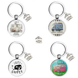 SUNSK Motorhome Keyring Happy Camper Keyring Stainless Steel Pendant for Camper Kids Women Birthday Christmas New Year Gift Gift Pack of 4, silver