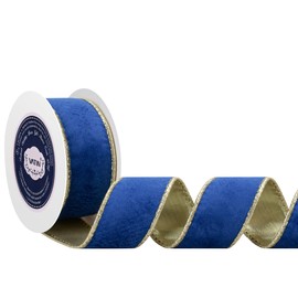 VATIN Blue Velvet Wired Ribbon 1.5" Metallic Blue Gold Velvet Christmas Ribbon for Floral Arrangements Wrapping Gifts Stylish Decor Creation -Continuous 5 Yards