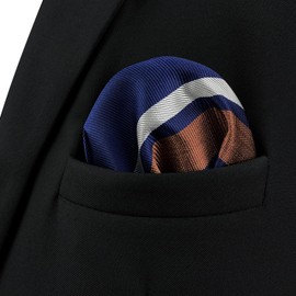S&W SHLAX&WING Striped Pocket Square for Men Navy Blue with White Brown Stripes Business