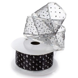 Ribbon Traditions Metallic Banded Edge Sheer Glitter Dots Wired Ribbon 2 1/2" by 10 Yards - Black/Silver
