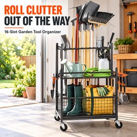 16-Slot Rolling Garden Tool Organizer Rack with 3 Shelves and 18 Hooks