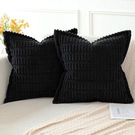 Artscope Black Cushion Covers Set of 2 Corduroy Decorative Square Striped Pillowcase with Stitched Edge Pillow Covers 50x50cm for Home Decor Sofa Bedroom Car
