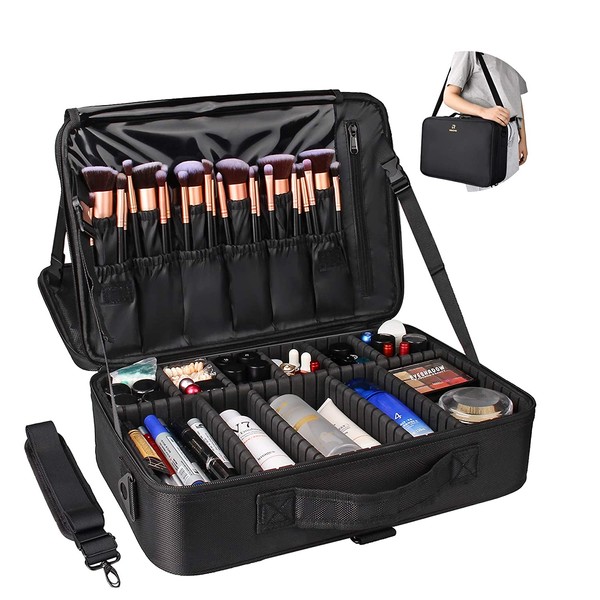 Relavel Professional Makeup Train Case Cosmetic Bag Brush Organizer and Storage 16.5" Travel Make Up Artist Box 3 Layer Large Capacity with Adjustable Strap (Black)