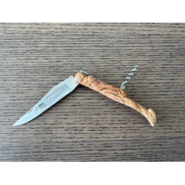 Laguiole en Aubrac Handmade Luxury Folding Pocket Steak Knife with Corkscrew, 4.8-in (12cm), Olive Wood Handle