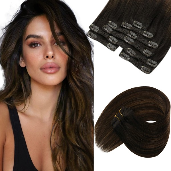 Sunny Clip in Hair Extensions Human Hair Brown Balayage Hair Extensions Clip ins Dark Brown Ombre Medium Brown Clip on Hair Extensions Balayage 80g 12inch