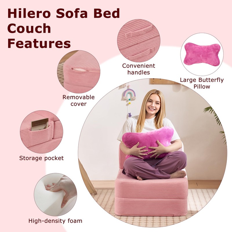 HILERO Folding Convertible Sofa Bed, Sleeper Chair for Guest, Single,
