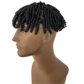 Voloria Afro Kinky Twist Crochet Braids Hair Toupee for Black Men African American Human Hair V-looped PU Hairpieces 8x10 inch Hair System #1 Jet Black Color