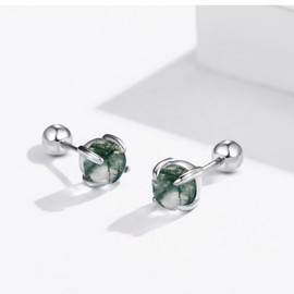 Moss Agate Earrings for Women 925 Sterling Silver Round Moss Agate Stud Earrings Jewelry Gifts for Women （6mm）