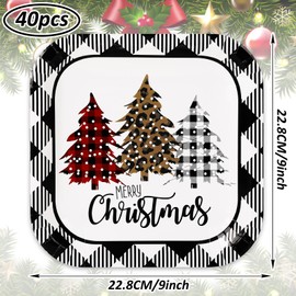 Whaline 40Pcs Merry Christmas Paper Plate Square Plaid Xmas Tree Disposable Plate White Black Checkered Dinnerware Plate 9 Inch For Winter Party Supplies Table Decor