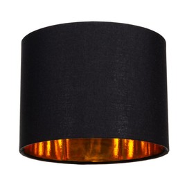 Modern and Stylish Black Cotton Fabric Small 8" Drum Lamp Shade with Shiny Golden Inner - 40watt Maximum by Happy Homewares