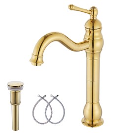 Bathroom Faucet GGStudy 360° Swivel Single-Handle One Hole Bathroom Vessel Sink Faucet Matching Pop Up Drain Polished Gold Farmhouse Bathroom Vanity Faucet
