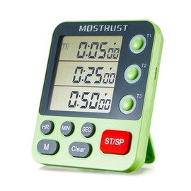 MOSTRUST Digital Dual Kitchen Timer, 3 Channels Countdown Triple Timer for Cooking, Magnetic Memory-Preset Large-Display Adjustable Alarm Volume, Multi Times Management, 3A Battery Included, Green