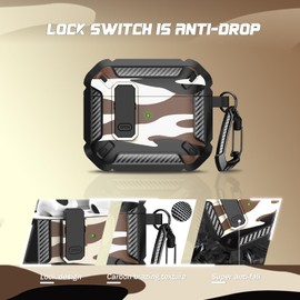 RFUNGUANGO Compatible with AirPods 3 Case Protective Case with Cleaning Kit, Military Hard Case with Lock Compatible with AirPods Gen 3 Charging Case 2021, Desert Camouflage