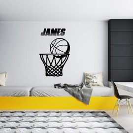 Sports Wall Decals Peel and Stick - Basketball Hoop and Ball Sticker - Sport Stickers with Personal Design - Put Your Name - Individual Decor Teens Kids Boys Playroom and Bedroom