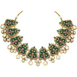 I Jewels Exklusive Gold Plated Kundan & Meenakari Bridal Necklace Set with Earrings & Maang Tikka for Women
