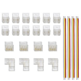 Clearhill 8mm 3Pin 24Pcs Transparent Solderless COB LED Strip Connector Corner Kit,Strip to Wire 4P,Strip to Strip 12P,L-Shape 4P,Red and Black Wire 4P,for Double Color 5V/12V/24V LED Strips.