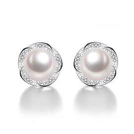 Sterling Silver Freshwater Cultured Pearl Pearl Earrings for Women White Cubic Zirconia Christmas Gifts for Mom Wife Girlfriend, Anniversary Birthday Jewelry Gifts for Her