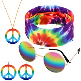 Frienda 60s 70s Hippie Outfits Accessories Costume Peace Sign Necklace Sunglasses Earrings Tie Dye Headband Women Men Multicolored Rainbow