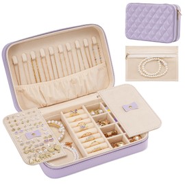 Lolalet Travel Jewelry Case for Women, Travel Jewelry Organizer Box with Mirror & Clear Storage Bag, Small Portable Traveling Ring Case for Earrings Necklace Bracelet Rings -Medium, Purple