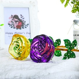 HDCRYSTALGIFTS Crystal Rose Flower Glass Purple and Yellow Flowers with Green Leaves for Wedding Anniversary/Wife, Romantic Forever Gifts for Her Valentine's Day/Birthday/Wedding(Pack of 2)