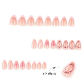 24Pcs Press on Nails Short Almond with 3D Pink Flower Frame Design-LINMEIZAI Fake Nails Press ons Nail Tips Glue on Nails Full Cover Acrylic Nail Kit False Nails Stickers Nail Art for Women Manicure