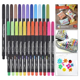 Willingood Machine Washable Textile Markers, 24 Waterproof Textile Pens in Bright Colours, Permanent Markers, Fabric Paints for Shoes, T-Shirts, Bags, Fabric Bags and Various Textiles